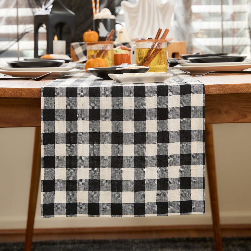 Solino Home Pure Linen Black and Cream Small Table Runner 14 x 60 Inch for Coffee Tabletop, Dresser, and Bedroom Decor – Thanksgiving – Morgan Check