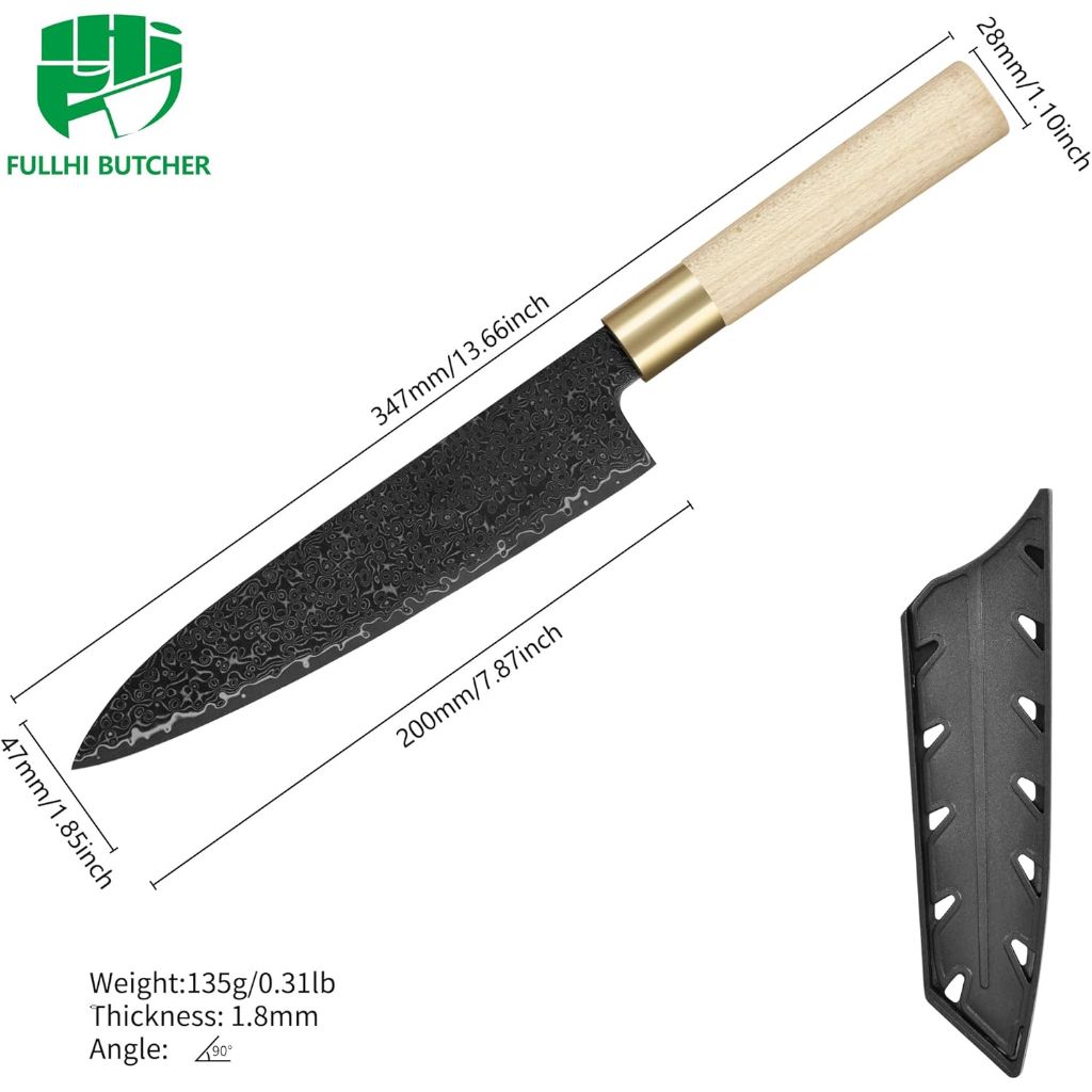 FULLHI Japanese Knife Black Damascus Steel with Sheath, handforged Blade Wood Handle Gyutou sashimi Chef Knife Kitchen Knife with Box for man women gift