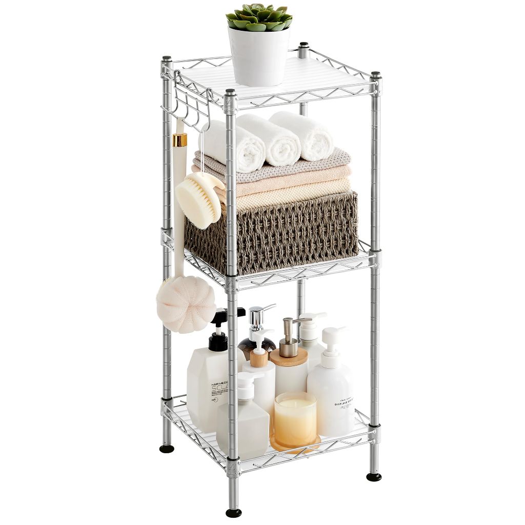 SONGMICS 3-Tier Bathroom Shelf, Storage Rack for Small Space, Silver and Translucent