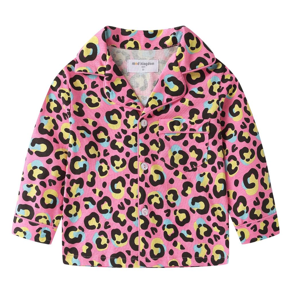 Mud Kingdom Pajamas Set for Big Girls 2-Piece Button Down V-Neck Shirt and Pants Snug Fit Loungewear Leopard Print Size 10-12