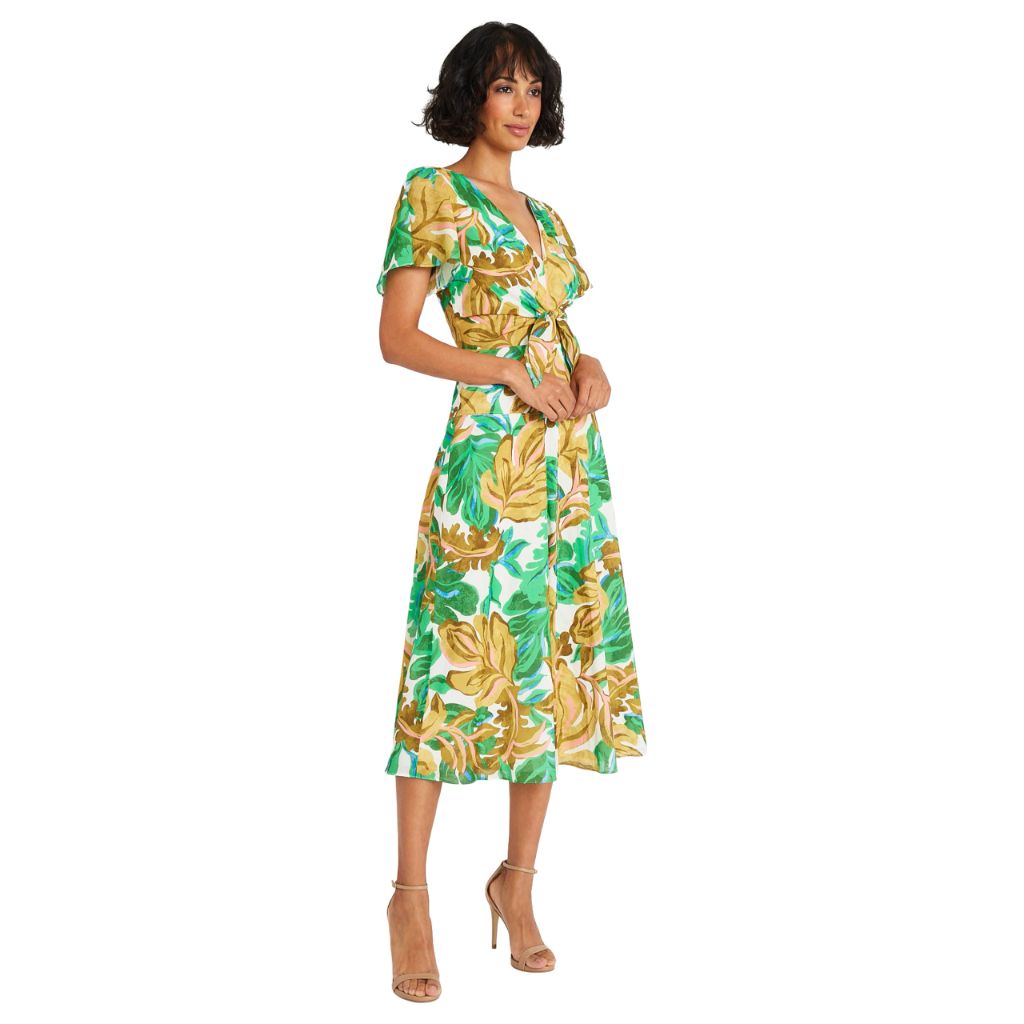Maggy London Women's Dresses Tropical Leaf Print V-Neck Midi Dress, Soft White/Golden Olive, 14