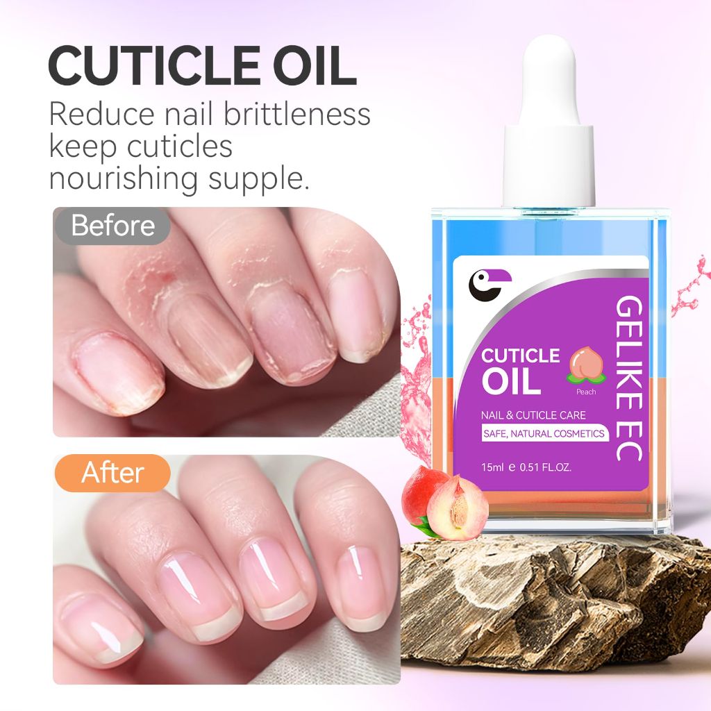 Gelike ec Nail Cuticle Oil - Peach Scent Dual Color Nail Moisturizing With Natural Jojoba Vitamin B & E for Nail Bed ＆ Damaged Nails Repair Treatment - Cuticle Cream for Nail Growth and Strength