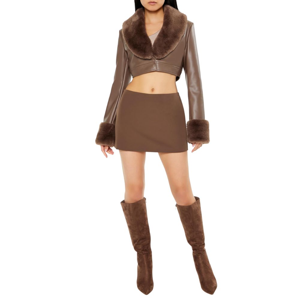 Forever 21 Women's Faux Leather & Fur Cropped Jacket Espresso X-Large