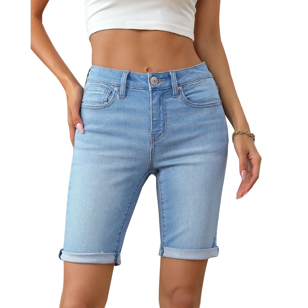 OFLUCK Mid Rise Roll Cuff Bermuda Stretch Denim Women Shorts - size 10