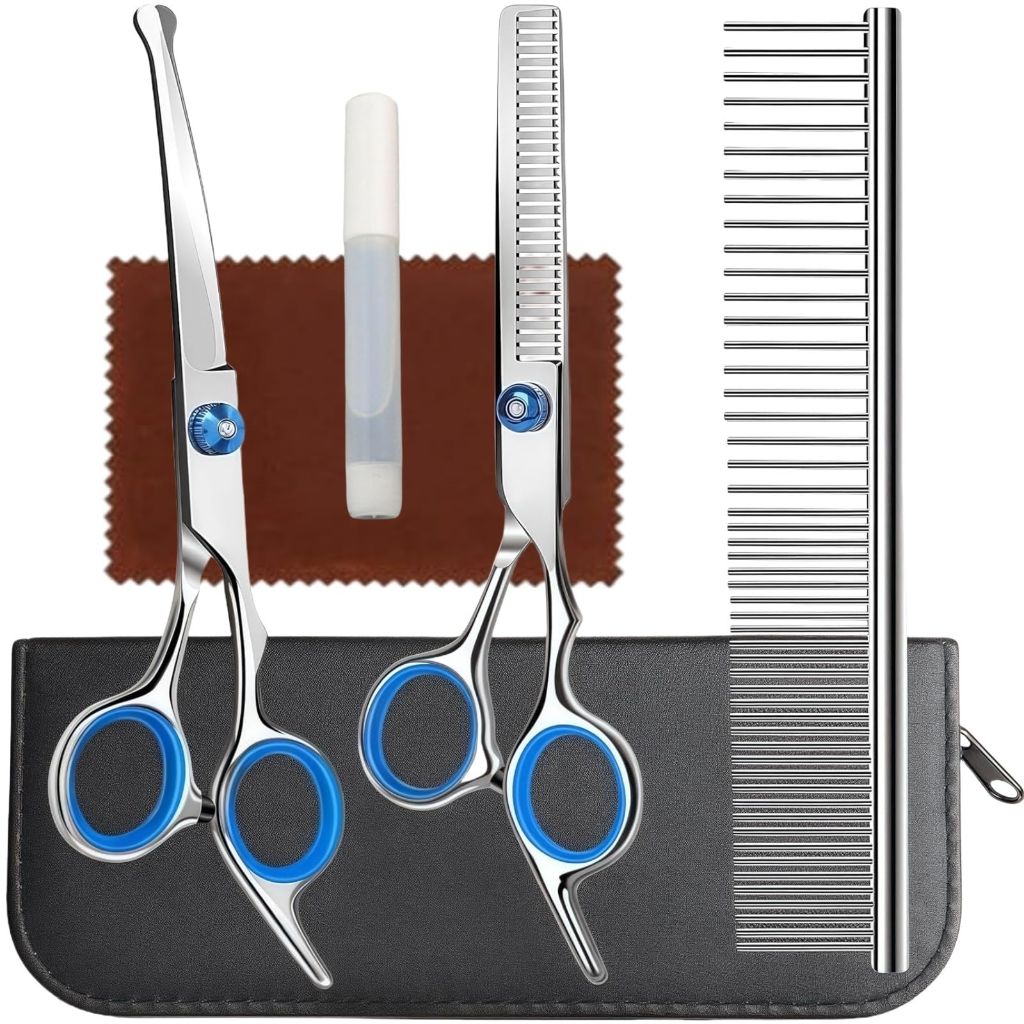 WFOEJEJ Professional 4 in 1 Dog Grooming Scissors Kit with Safety Round Tips, Sharp and Durable Pet Grooming Shears for Dogs and Cats.