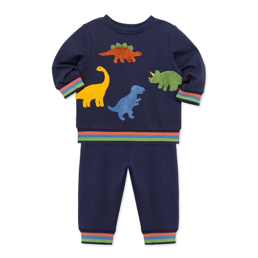 Little Me Clothes for Baby Boys' Dino 2-Piece Sweatshirt Set, Blue, 12 Months