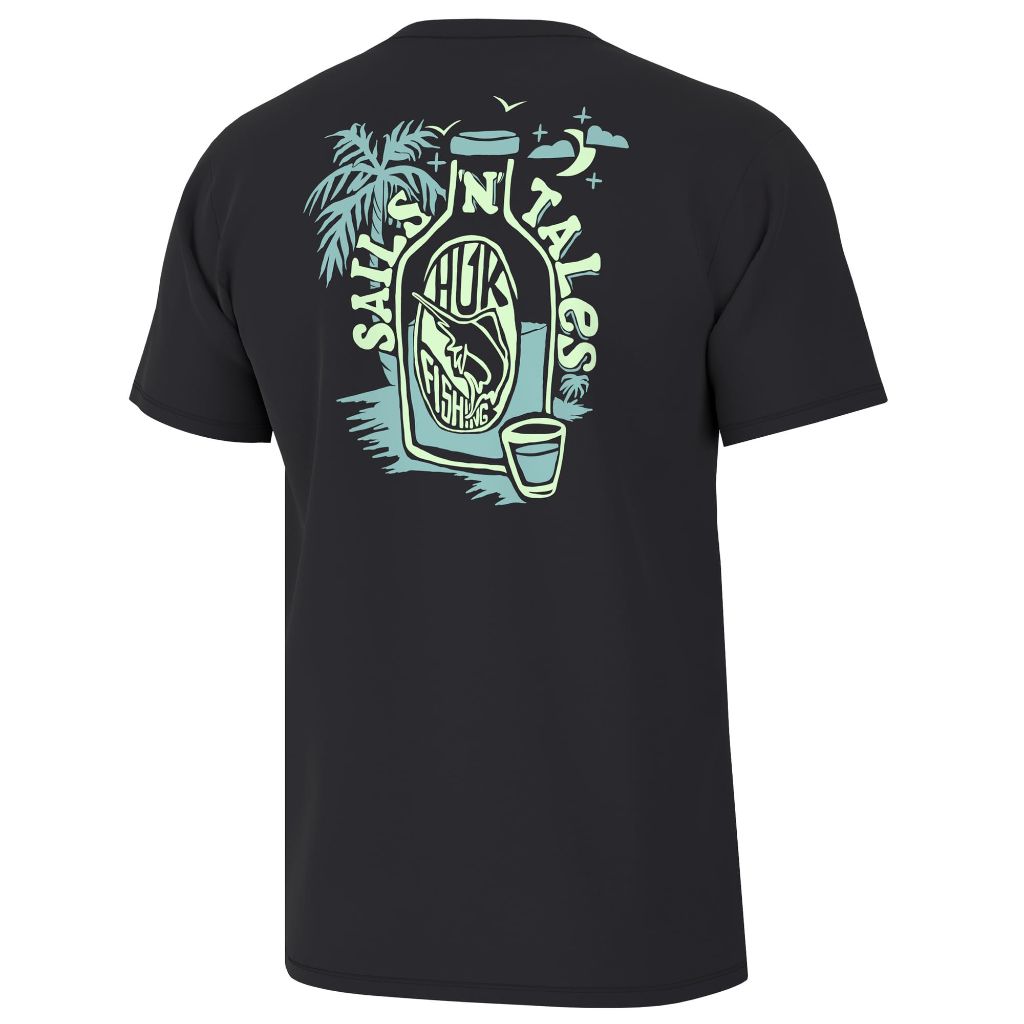 HUK Mens Fishing Graphic Tee, Performance Short Sleeve, Quick-Dry, Sails N Tales - Black, Large
