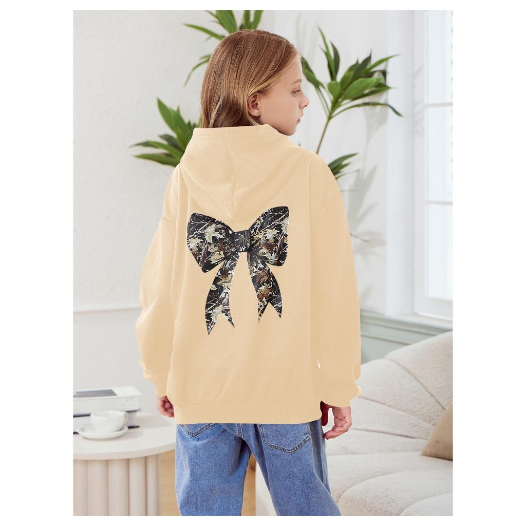RoseSeek Girl's Bow Camo Graphic Hoodies, Apricot, Medium