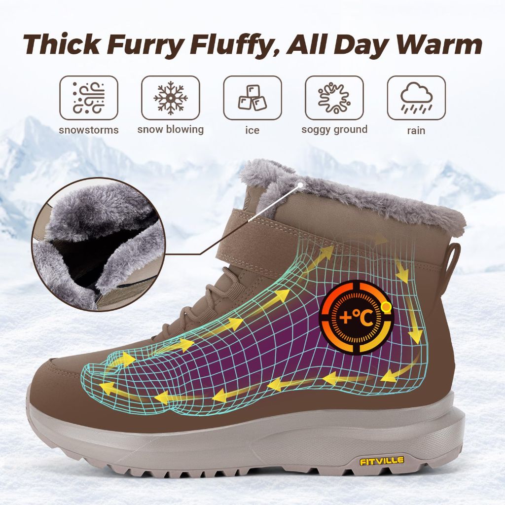 FitVille Wide Width Mens Winter Boots Fur Lined Extra Wide Snow Boot Diabetic Shoes for Flat Feet (Tan Size  8)