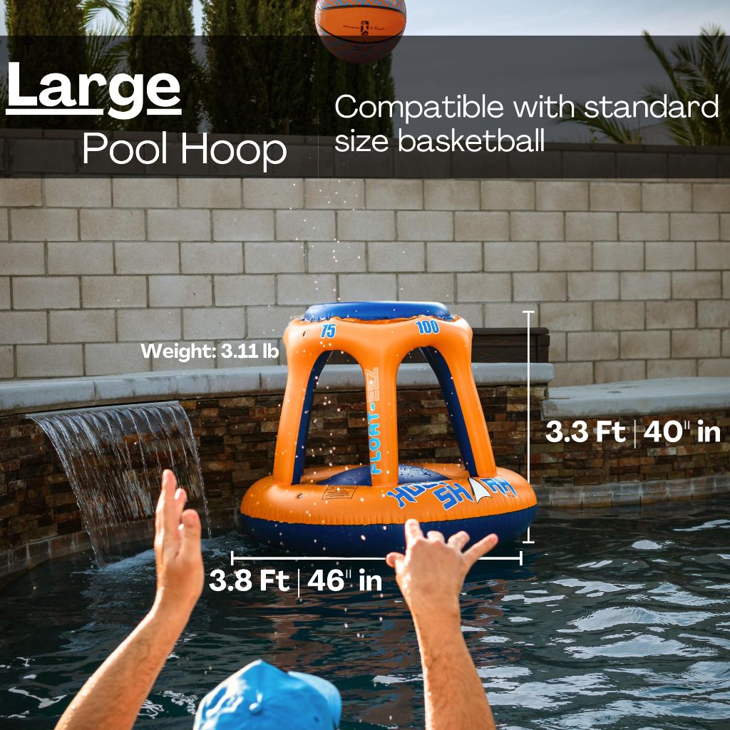 Swimming Pool Basketball Hoop Set by Hoop Shark - Orange/Blue - Inflatable Hoop with Ball