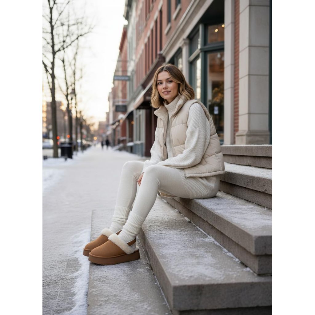 Swalker Fuzzy Platform Slippers for Women, Women's Casual Winter House & Outside Suede Faux Fur Slippers