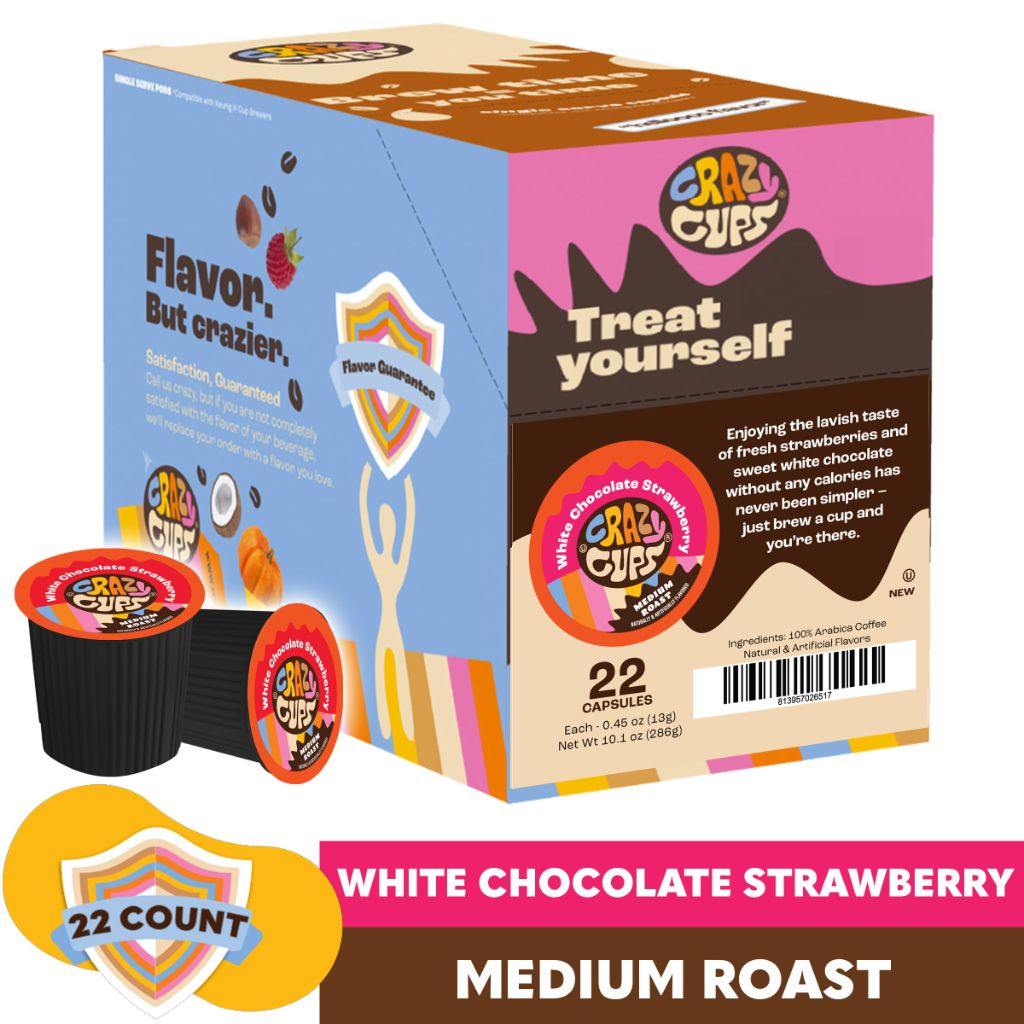 Crazy Cups Flavored Single Medium Roast Coffee for Keurig KCups Machines White Chocolate Strawberry  22 Count