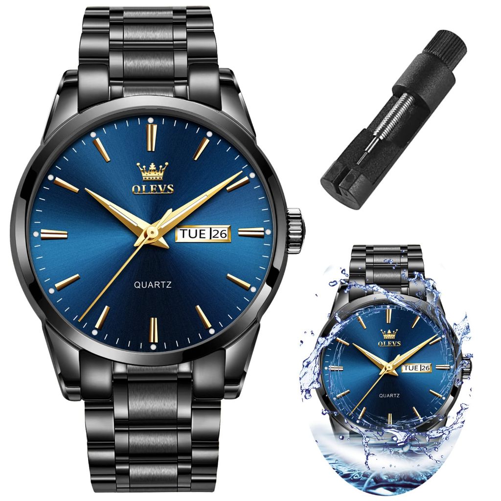 OLEVS Men's Stainless Steel Waterproof Analog Quartz Wrist Watch - Black Band, Deep Blue Face