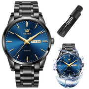 OLEVS Men's Stainless Steel Waterproof Analog Quartz Wrist Watch - Black Band, Deep Blue Face