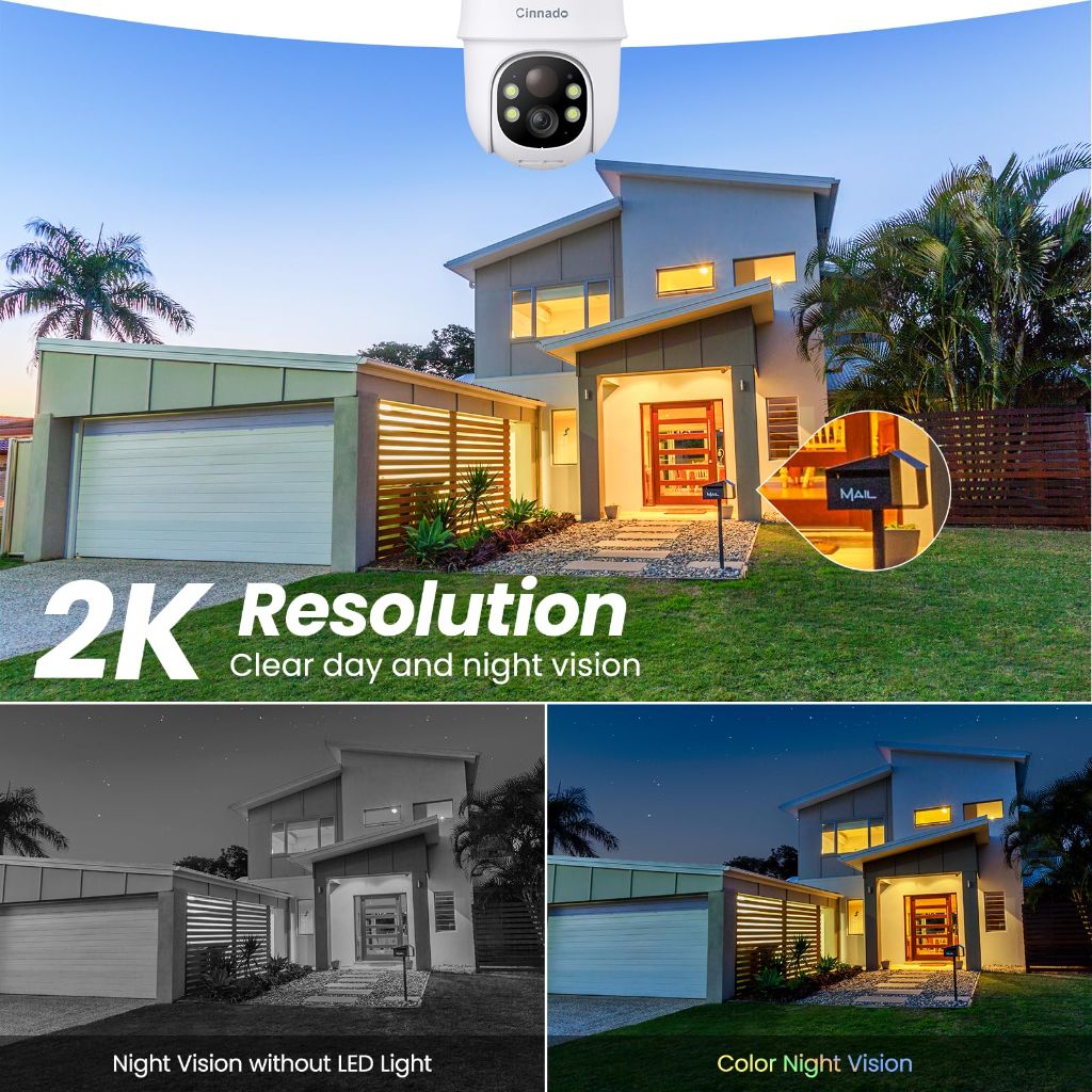 Cinnado 2K Cameras for Home Security-2.4G WiFi Outdoor Camera Wireless Solar/Battery Powered, 360° Viewing, Human Detection, Color Night Vision, Cloud/SD Storage B6 (B6-White-4pack-2.4G)
