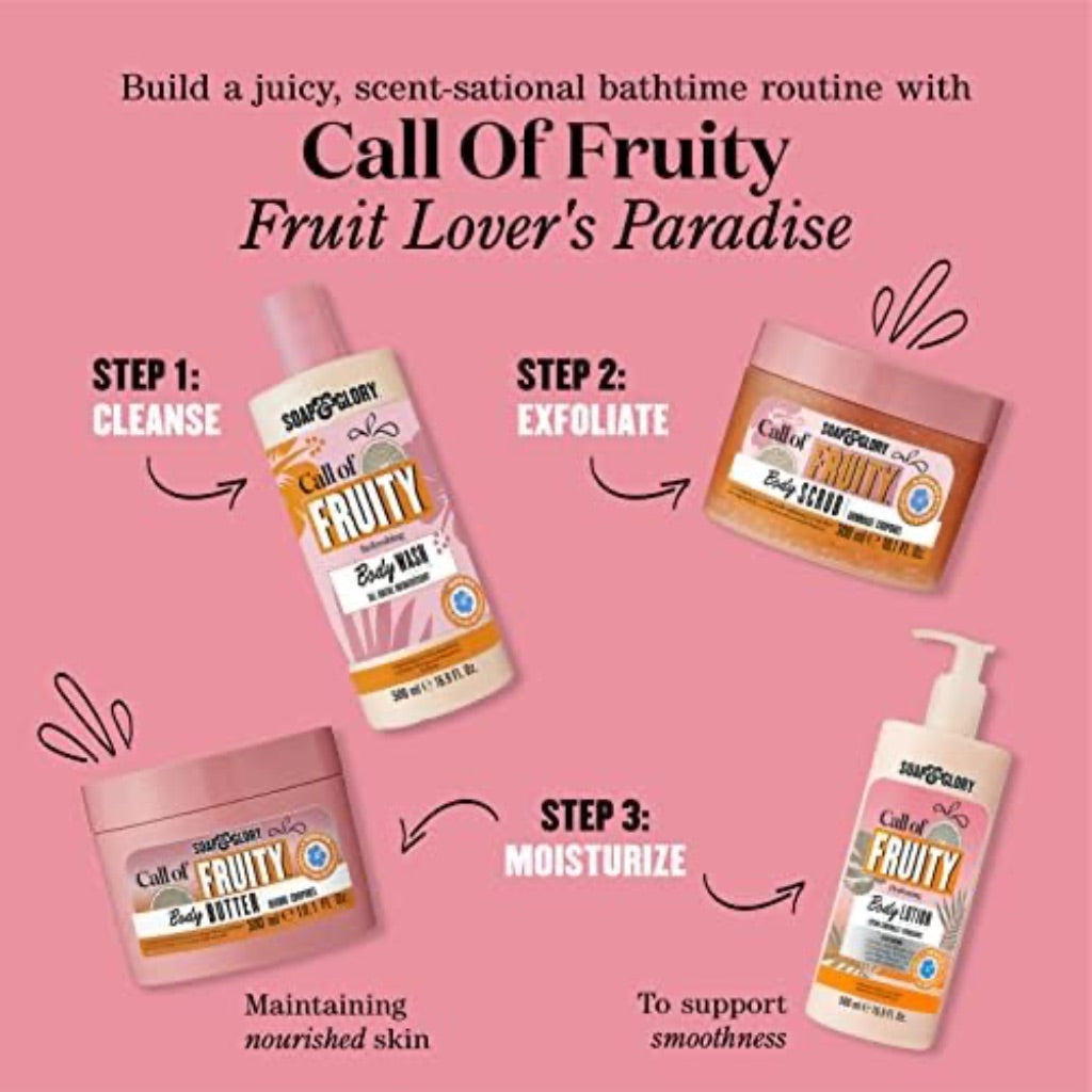 Soap & Glory Call of Fruity Vegan Body Lotion - Moisturizing Body Lotion with Vitamin E, Coconut Oil & Aloe Extracts - Tropical Fruits, Juicy Melon & Hibiscus Cocoa Butter for Dehydrated Skin (500ml)