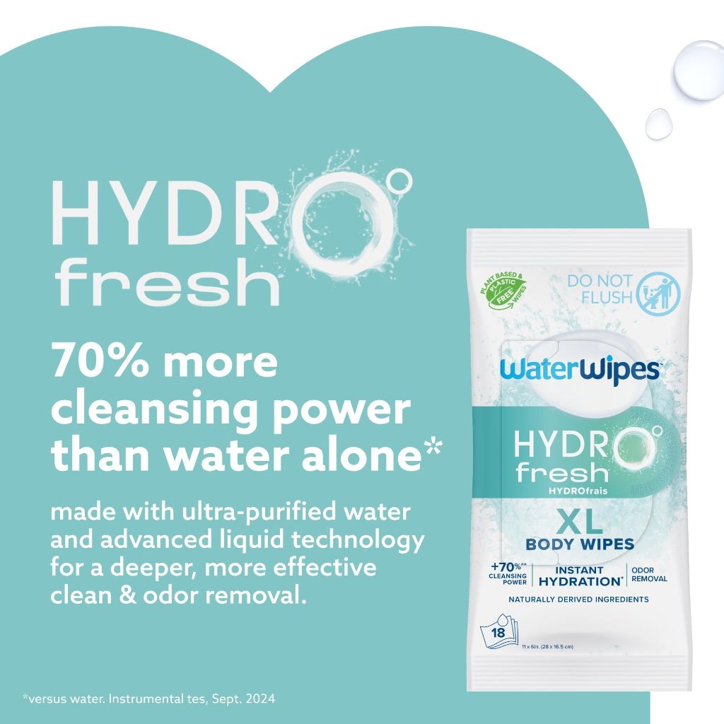 WaterWipes HydroFresh Refresh Wipes, XL Body Cleaning Wipe, 18 Count (1 Pack)