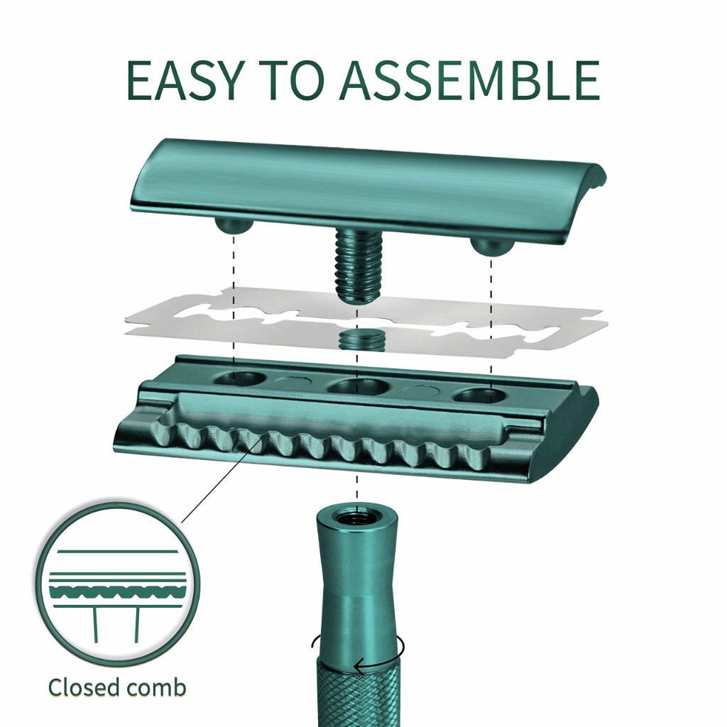 Bambaw Men Safety Razor with 5 Double Edge Safety Razor Blades, Single Blade Razor for Men & Women, Plastic Free Stainless Steel Razor - Sea Green