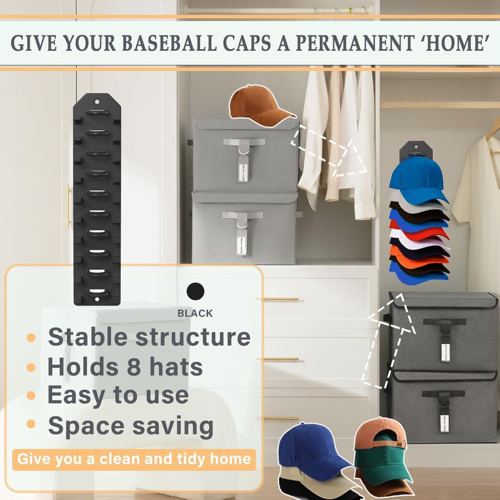 Cap Rack Hat Organizer for Wall, Door, Closet - Holds 10 Hats