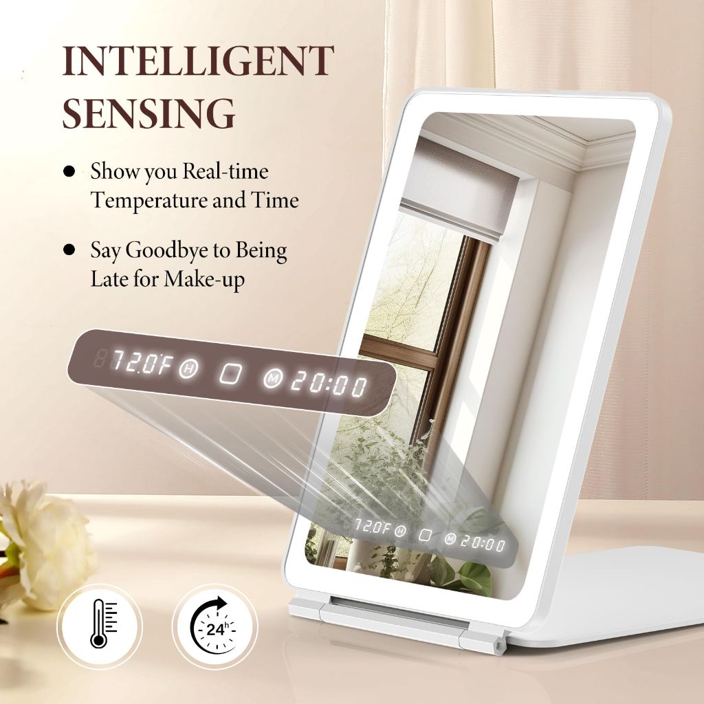 Travel Makeup Mirror with Time & Temperature Display, 7.5" Foldable Lighted Mirror