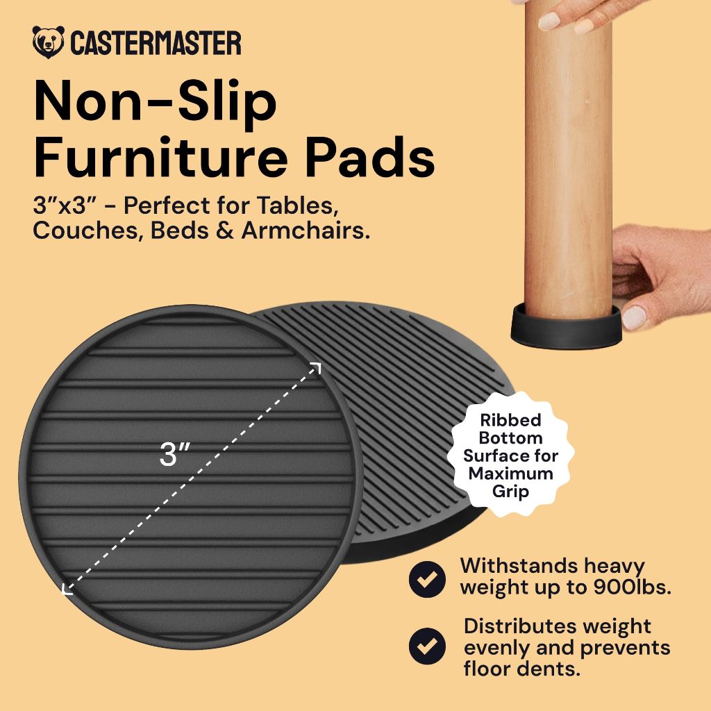 CasterMaster Non-Slip Rubber Furniture Pads, 3" Diameter - Black, Set of 4