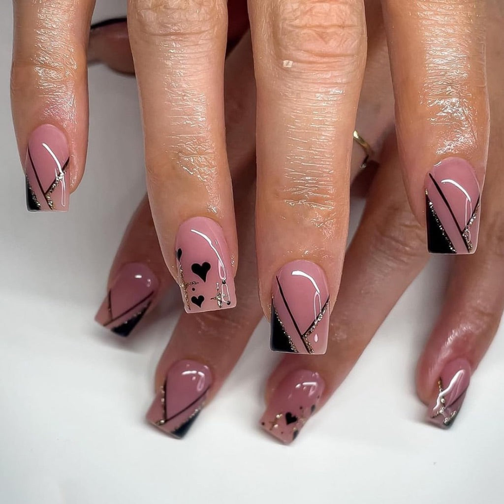 Square Pink Press on Nails Short Fake Nail with Heart Gold Line Designs Glitter Full Cover Stick on fake on Nail for Women Gel Fantasy for Wedding Manicure 24 Pcs