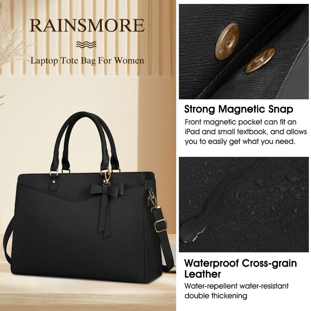RAINSMORE Laptop Bag for 15.6 Inch PU Tote Bag, Black