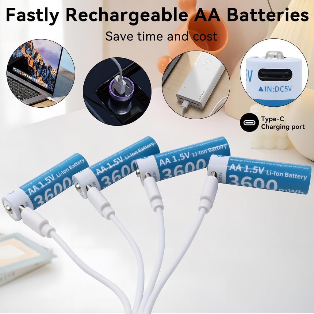 AA Rechargeable Lithium Batteries, USB-C Rechargeable Li-Ion Battery 1.5V 3600mWh - 4 Pack