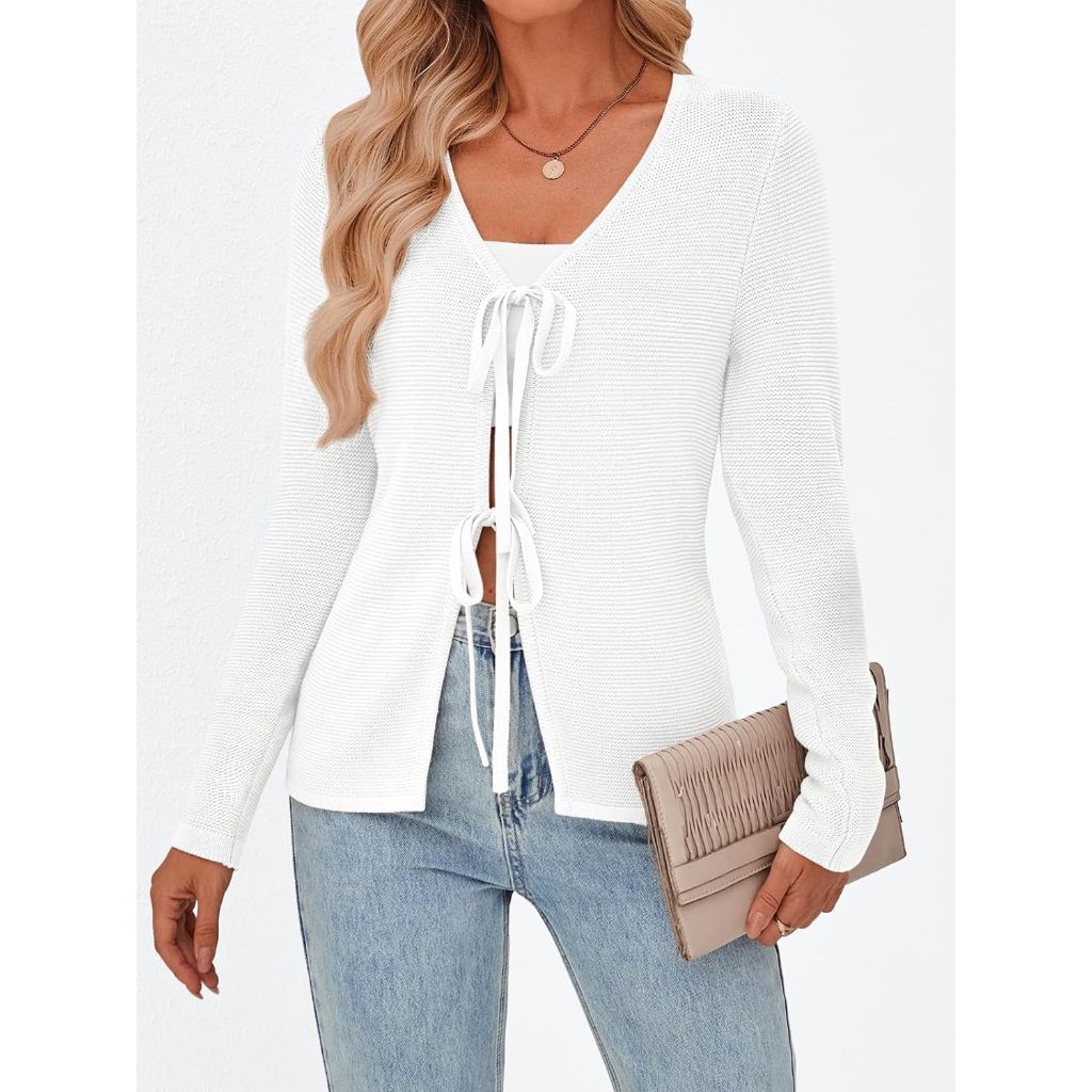 Trendy Queen Womens Tie Front Tops Fall Cardigan Sweaters 2026 Fashion Crochet Crop Winter Clothes Cute Y2K Casual Outfits