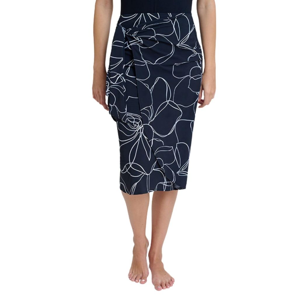 SZ L, Gottex Modest Women's Faux Wrap Pull-On Skirt with Adjustable Tie and Flattering Draped Design Black/White