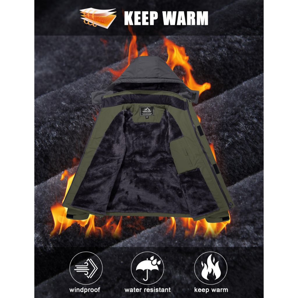 FASKUNOIE Men's Winter Ski Jackets Water Resistant Fleece Coats Insulated Thermal Snowboard Parka with Hood Army Green
