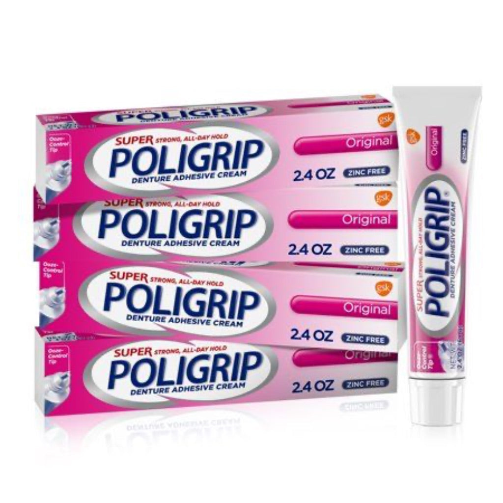 Super Poligrip Original Denture Adhesive Cream, Zinc Free - 2.4 oz (4 Pack)
