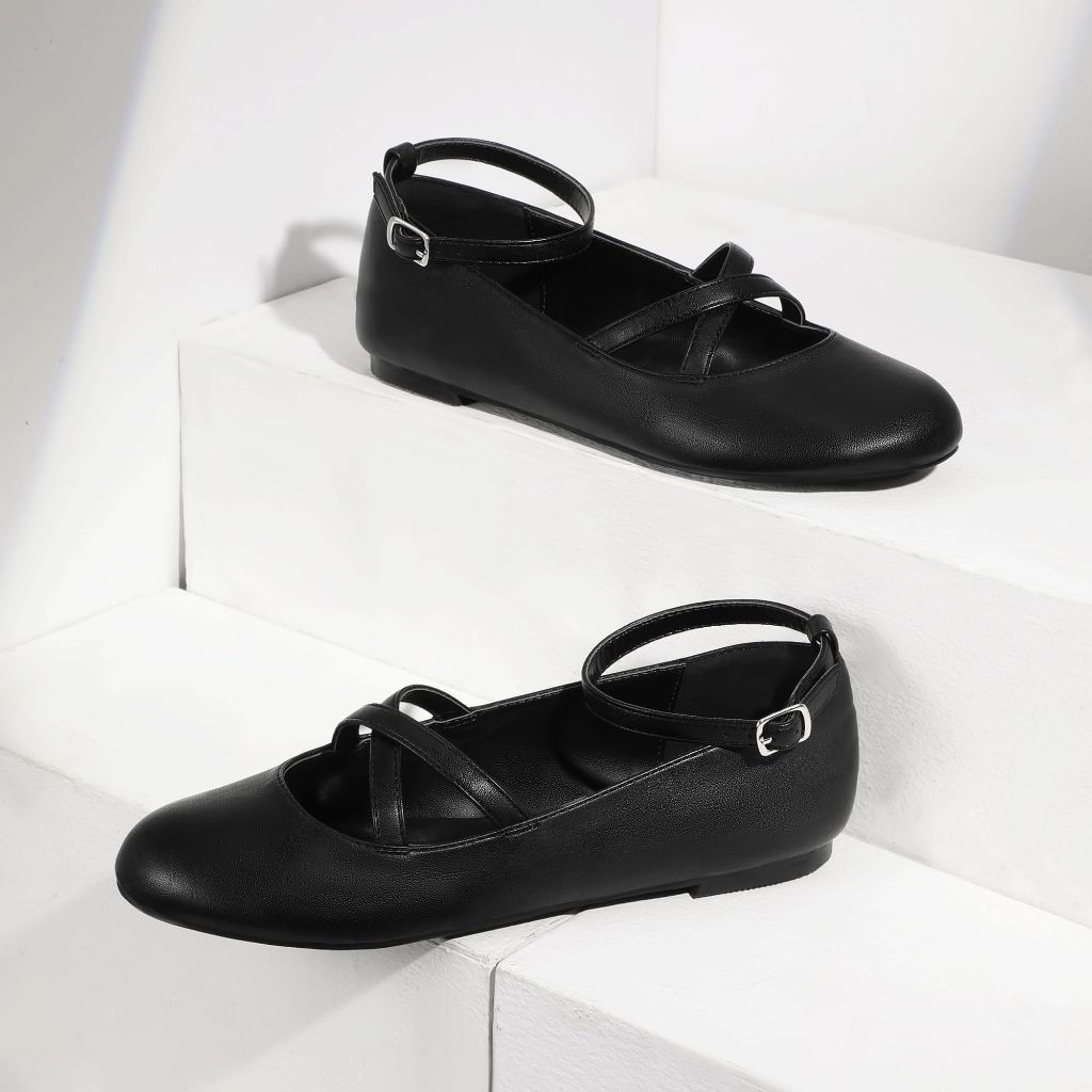 Mofri ShowHow Womens Mary Jane Flats Round Toe Ankle Strap Ballet Flats Shoes(Black) Size 8