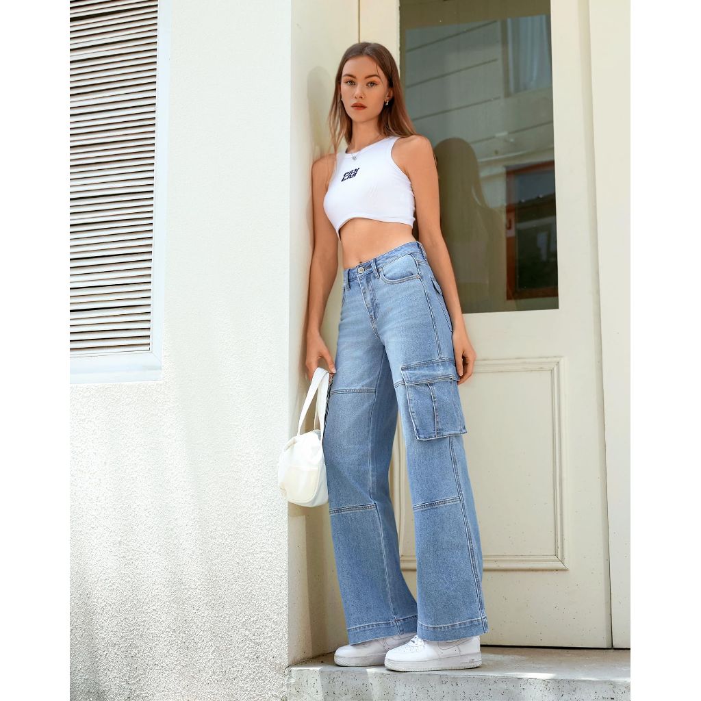 OFLUCK Women's Cargo Jeans High Rise Casual Loose Fit Wide Leg Denim Pants, Light Blue, 10 Small