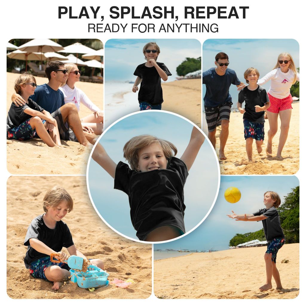 SZ M (10), Kanu Surf Boys' Short Sleeve UPF 50+ Rashguard Swim Shirt | Solid Black