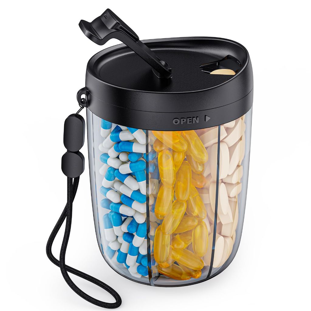 AUVON Large Pill Organizer, Pill Dispenser for Holding 6 Various Vitamins, Includes 20 Pcs Stick-on Labels