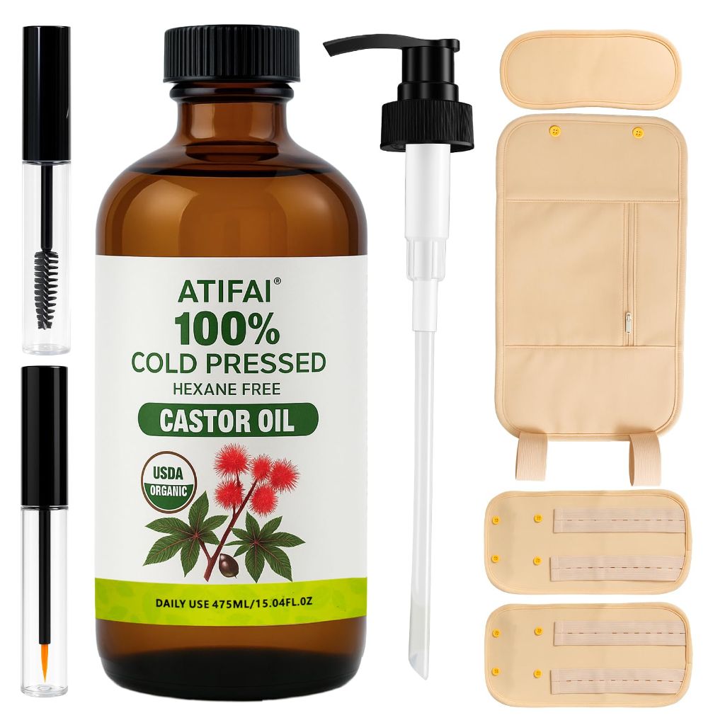 ATIFAI Castor Oil Pack Wrap, Castor Oil Organic Five-Piece Set, 16-Fl. Oz Glass Bottles (16 fl. oz)