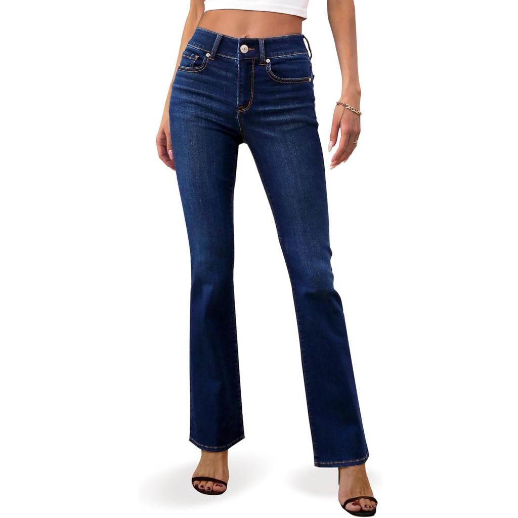 OFLUCK Bell Bottom Jeans,  Stretchy High Waisted Trendy Flare Jeans Curvy Denim Pants, Dark Blue, SIze 8R