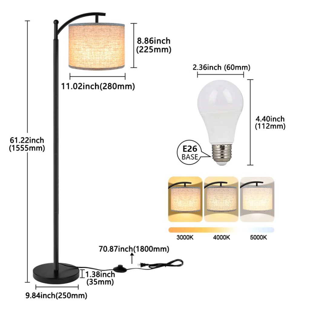 ROTTOGOON Floor Lamp for Living Room with 3 Color Temperatures LED Bulb -Black