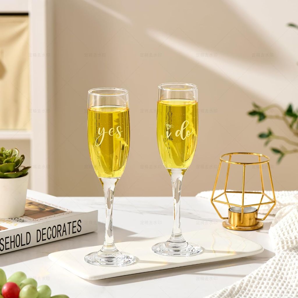 Wedding Champagne Flutes Glass Set with Wine Stopper and Opener - "Yes I do"