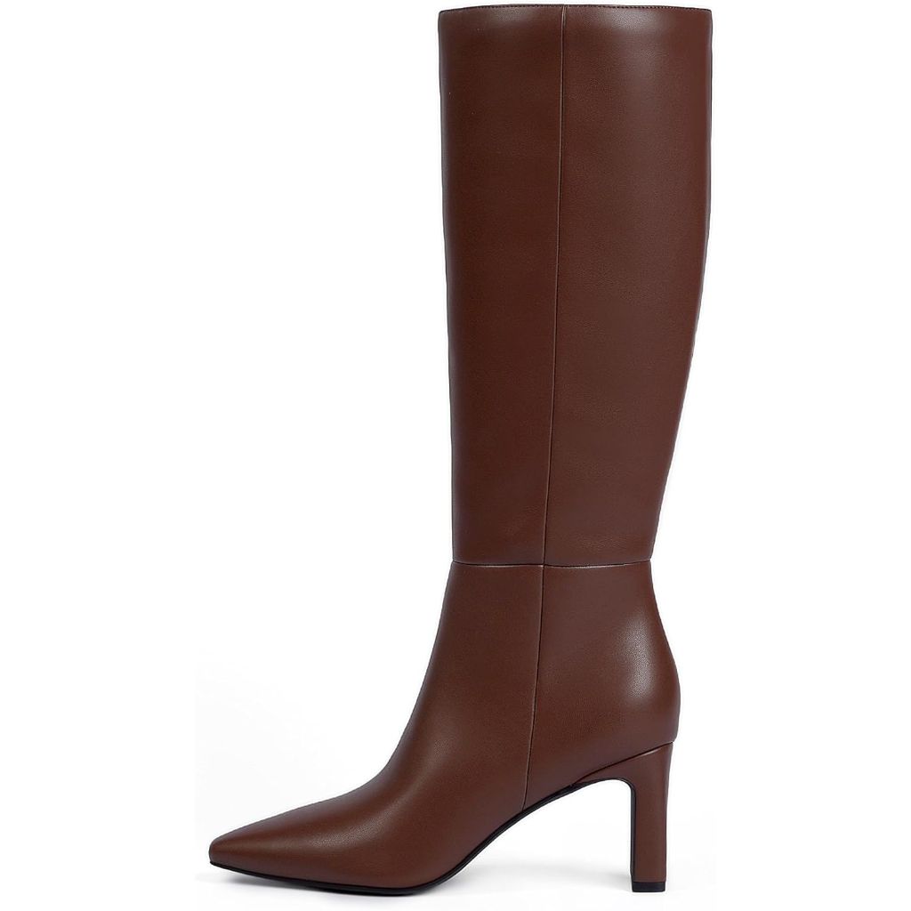 QIY Women's Knee High Block Heel Fall Boots - Brown Faux Leather, Size 8