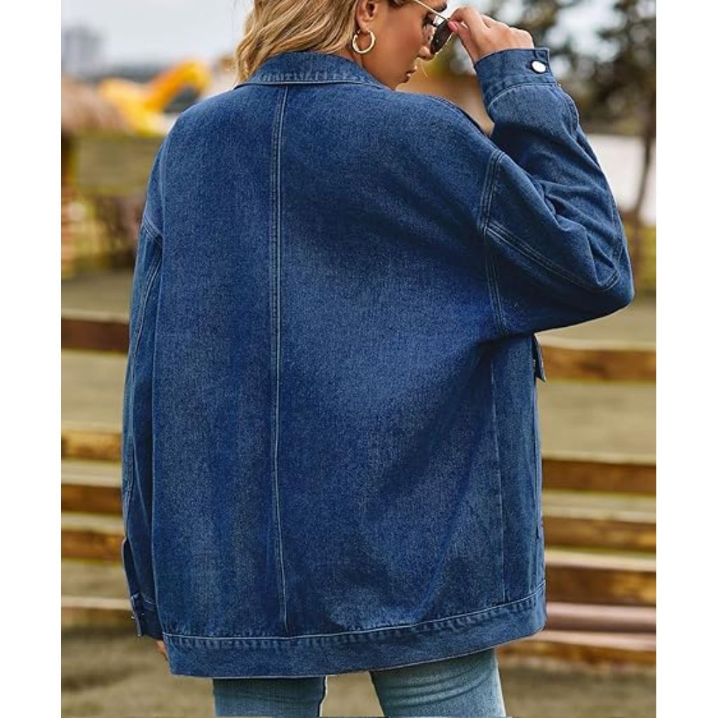 PAODIKUAI Women's Oversized Denim Jacket - Dark Blue, Size Small