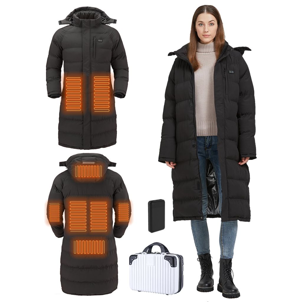 Windpost Heated Jackets for Women-Long Winter Style, Black - size Small