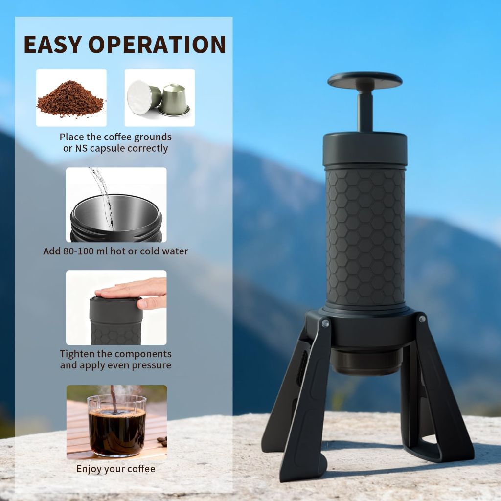 HOBCYCLE Manual Espresso Machine, 15 Bar Portable Coffee Maker for Ground Coffee and NS Capsules, 4-in-1 Brewing for Espresso Drip Cold Brew, Foldable for Travel Camping Office