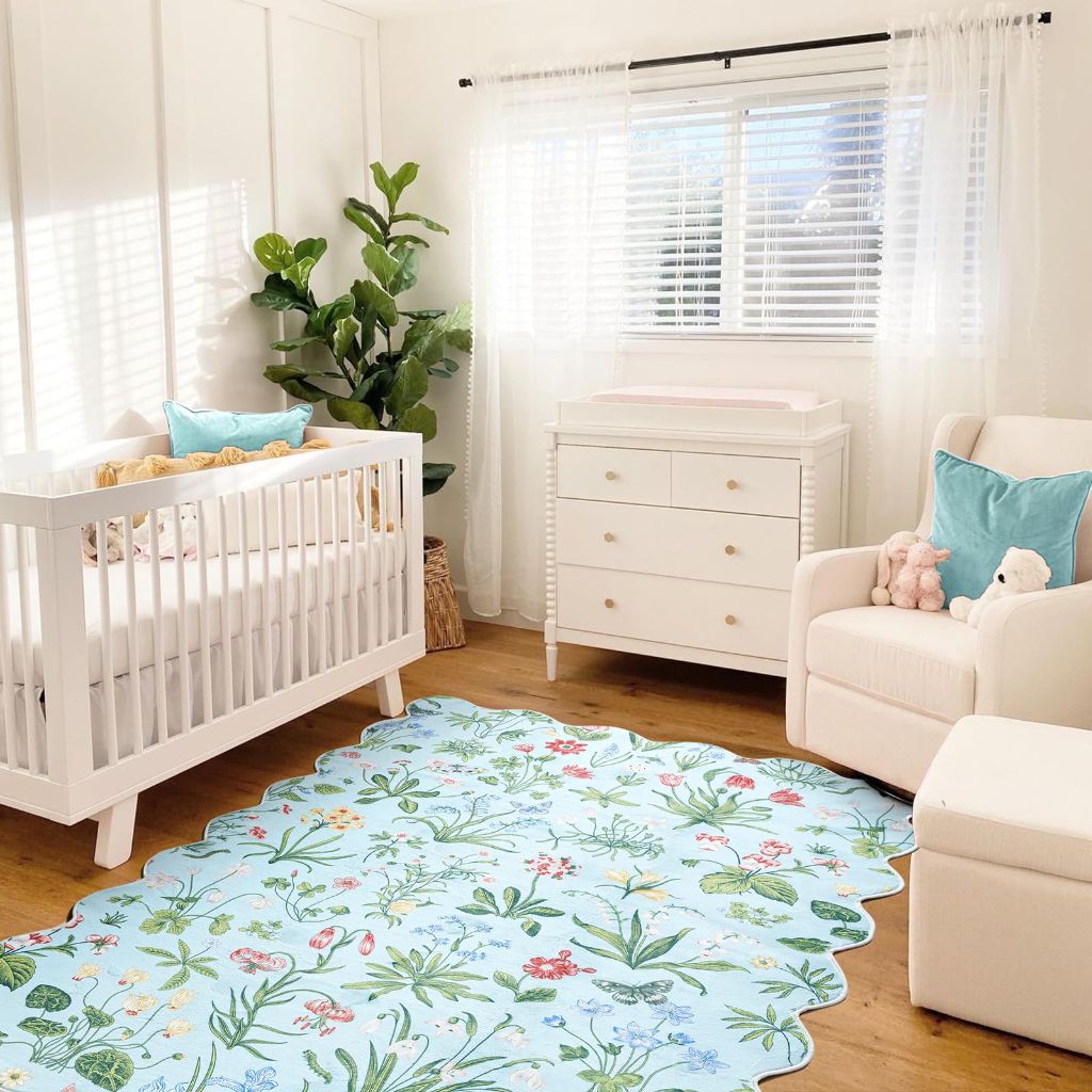 Lansatte Blue Floral Washable Rugs, 5x7 Area Rug