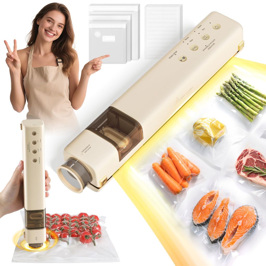 EUUZ 2 IN 1 Vacuum Sealer with 40 Bags, Full Automatic Handheld and Countertop Sealer for Dry and Moist Food | Beige