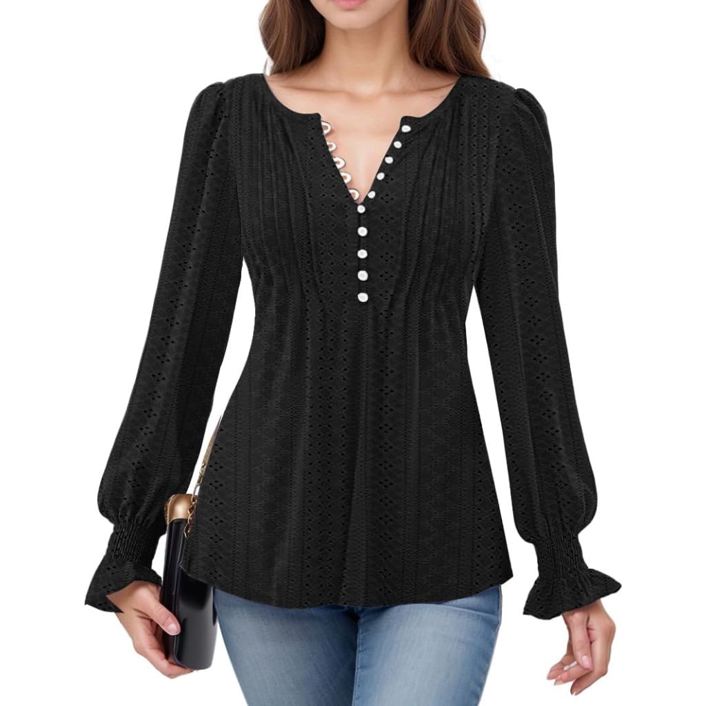 ETCYY Women's Long Sleeve Blouse, Black, Medium