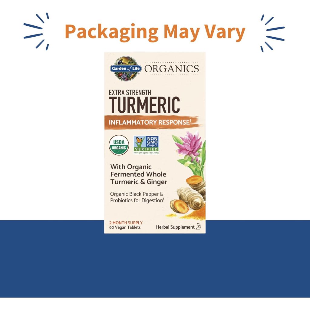 Garden of Life Organics Extra Strength Turmeric Inflammatory Response 60 Tablets-100mg Curcumin (95% Curcuminoids) Black Pepper, Probiotics, Organic Non-GMO Vegan Gluten Free Herbal Supplement
