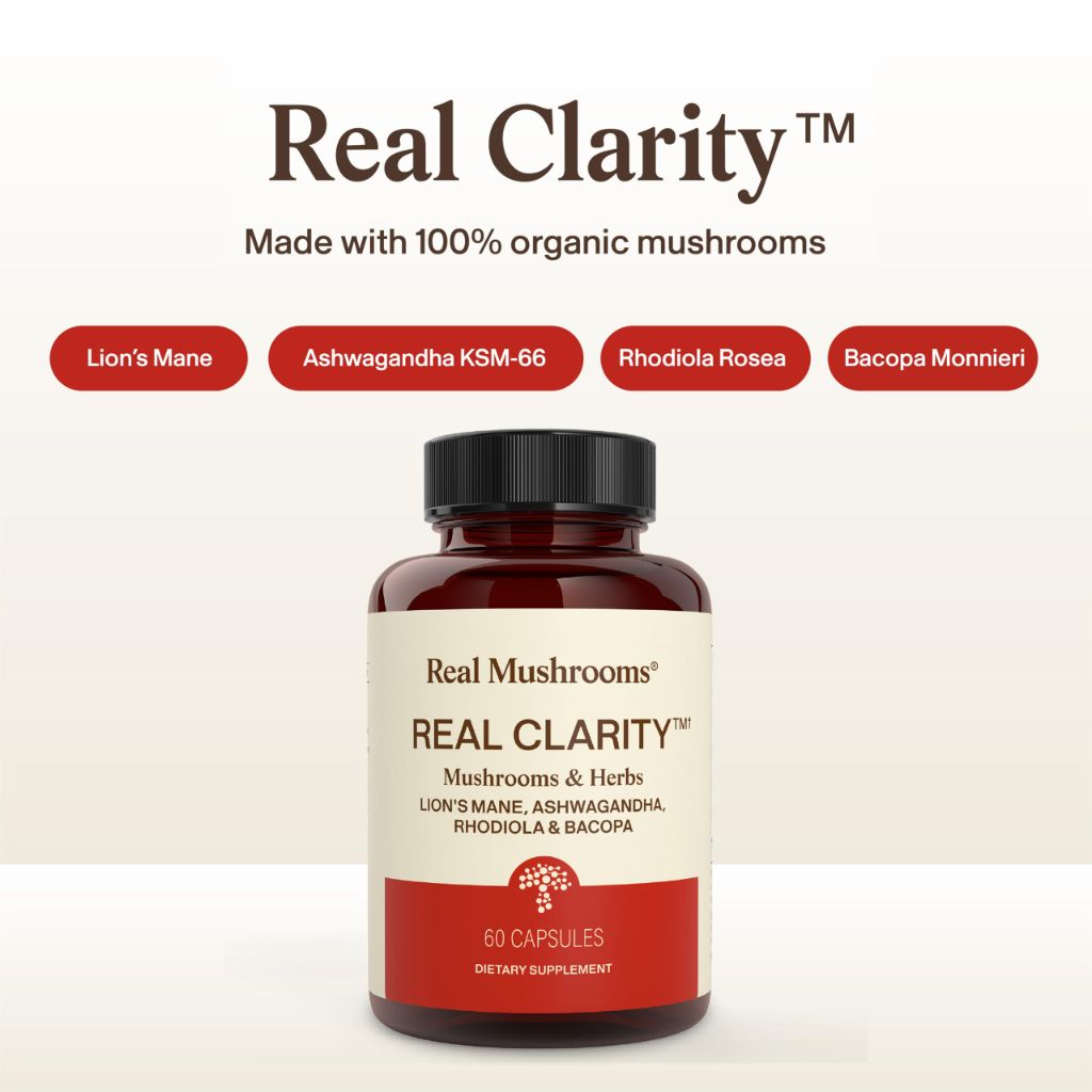 Real Mushrooms RealClarity Capsules, Lion’s Mane, KSM-66 Ashwagandha, Rhodiola & Bacopa - 60ct