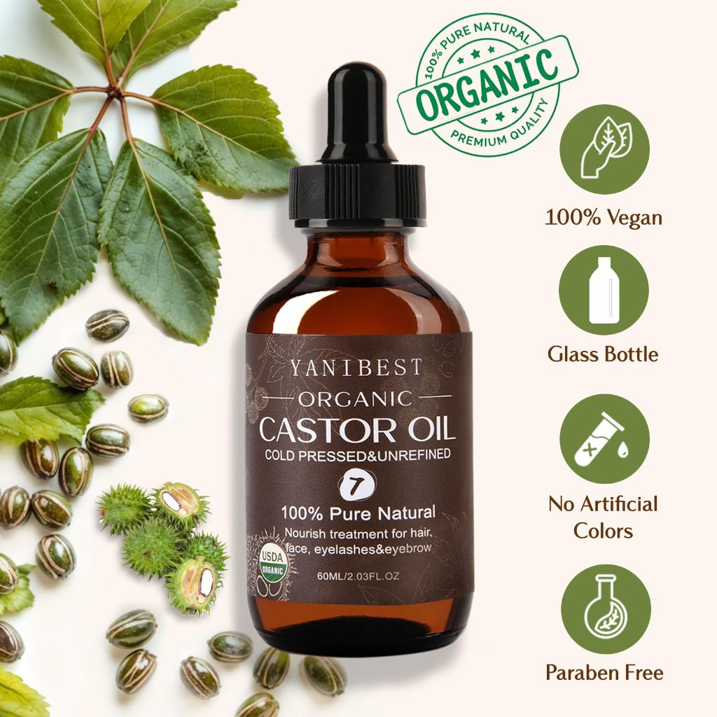 YANIBEST Organic Castor Oil, Cold Pressed Unrefined Glass Bottle
